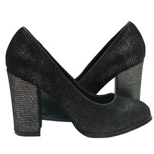 ISOLA HAYLEY BLACK CHIC SOFT SILVER METALLIC  BLOCK HEELS SZ 7 MED